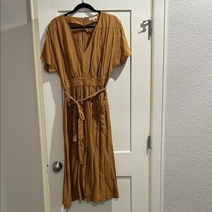 Madewell Washed Tan V-Neck Belted Midi Dress